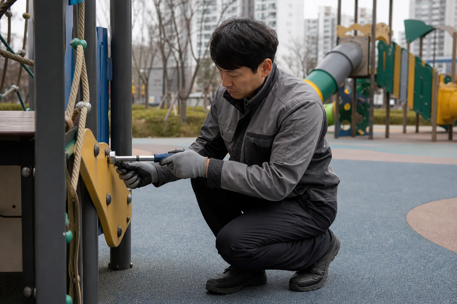 놀이시설을 점검하는 설치 전문가